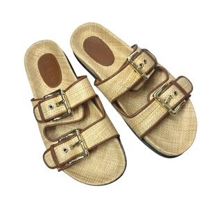 J.Crew Raffia Double Strap Slides Gold Buckle Women's Sandals Size 9.5